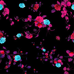 Seamless floral background pattern. Abstract flowers, blue roses, cranberry, branches with leaves on black. Pattern for textile, fabric and other prints purpose. Hand drawn artwork, vector wallpaper.