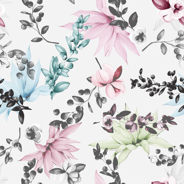 Stylized seamless floral pattern. Flowers with cranberry and branch, leaves on white  background. Artwork for textile, fabric and other prints purpose. Hand drawn, vector wallpaper.