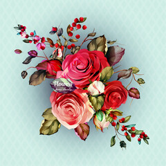 Bouquet of flowers. Illustration with roses with cranberry and branch, leaves around for fabric, textile and other prints. Abstract. Hand drawn. Vector - stock.