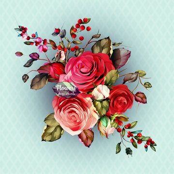 Bouquet of flowers. Illustration with roses with cranberry and branch, leaves around for fabric, textile and other prints. Abstract. Hand drawn. Vector - stock.