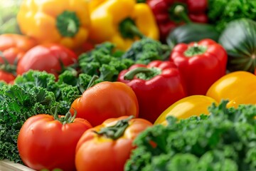 Lush kitchen garden fresh vegetables like tomatoes peppers and kale growing in raised wooden beds under soft morning sunlight