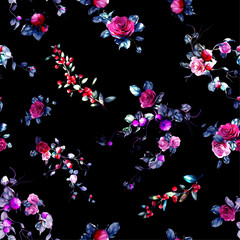 Seamless floral background pattern. Abstract flowers, roses, cranberry with branches and leaves on dark. Pattern for textile, fabric and other prints purpose. Hand drawn artwork, vector wallpaper.