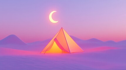 Glowing Tent Under Crescent Moon in Pastel Landscape