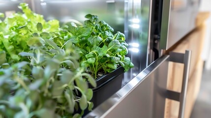 Luxurious modern kitchen garden a sleek built in hydroponic unit growing fresh greens under soft LED lighting