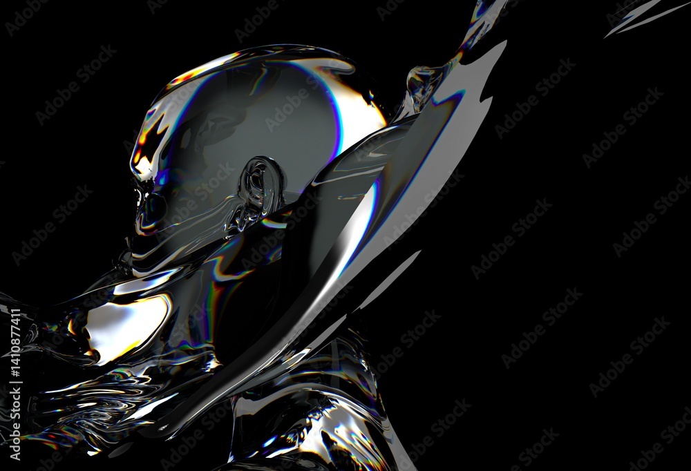 Fototapete 3d illustration features a distorted, glass-like or chrome human face merging with fluid-like waves,