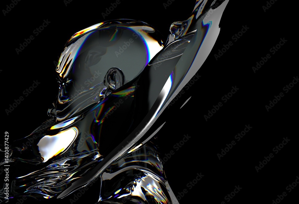 Fototapete 3d illustration features a distorted, glass-like or chrome human face merging with fluid-like waves,
