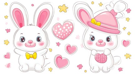 design cute animal sticker wear suite with line color style more action in white background isolated on white,clip art ,remain space between border each corner and rainbow and toy and hat and heart
