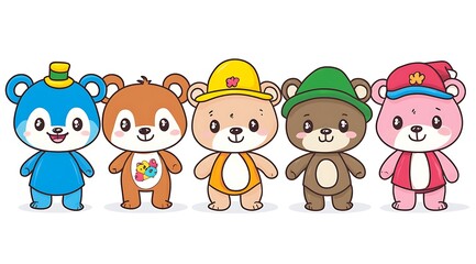 design cute animal sticker wear suite with line color style more action in white background isolated on white,clip art ,remain space between border each corner and rainbow and toy and hat and heart
