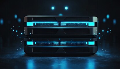 Obraz premium Futuristic server stacks glowing blue in dark setting
