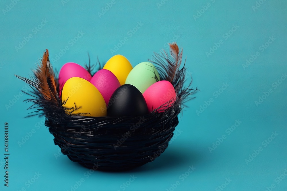 Poster colorful easter eggs in a black nest with feathers on a light blue background in a studio setting