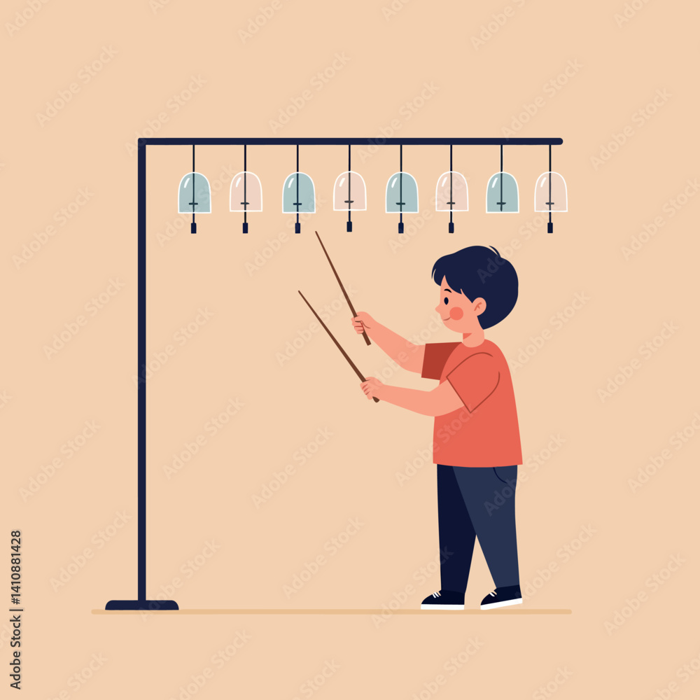 Poster young boy striking chimes with sticks in flat minimal vector art, joyful child exploring musical ins