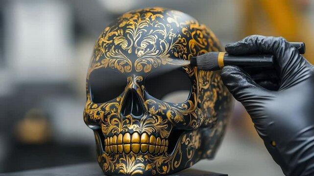 A decorative skull is being painted, featuring intricate gold patterns against a black background.