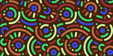 Memphis geometric seamless pattern. Abstract modern background with circles, curves, short rounded lines and dots. Fun kid doodle design element for cover, poster, banner, label, textile, wrapping	