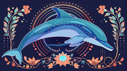 Obraz premium Decorative dolphin illustration with ocean marine life and floral dark blue background, boho sea animal print for t-shirt or poster design