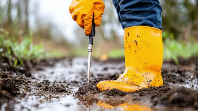A person wearing yellow rubber boots stands in muddy ground, using a tool to examine the soil.