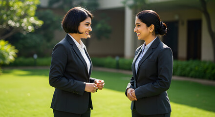 Businesswomen Having Outdoor Conversation in Green Space