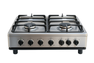 Stainless Steel Four Burner Gas Stovetop on Transparent Background