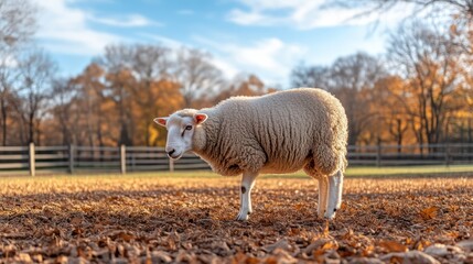 Fluffy Sheep Standing Amidst Autumn Leaves in a Serene Pastoral Scene