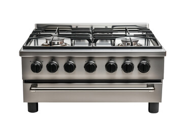 Obraz premium Stainless Steel Gas Stove with Black Knobs on Transparent Background