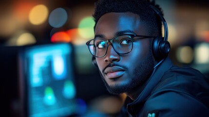 Focused Individual Wearing Headphones and Glasses in a TechDriven Environment Ideal for Busin