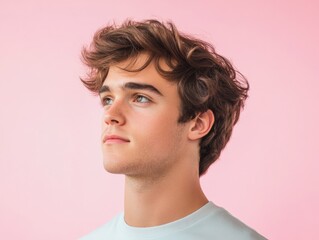 Fototapeta premium Man looking up, pink background