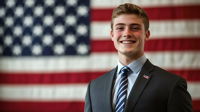Young politician smiling with american flag background - Powered by Adobe