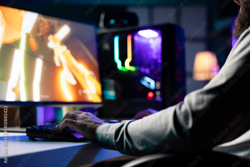 Poster man playing first person shooter videogame with automatic gun shooting laser bullets at flying robot