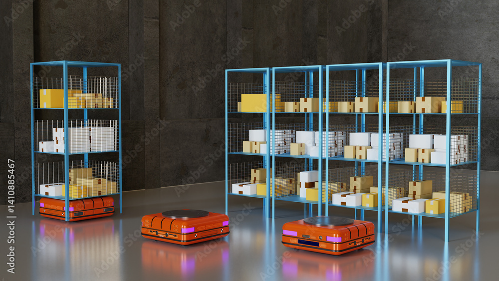 Poster autonomous mobile robots transporting shelving units with packages in a high-tech warehouse environm