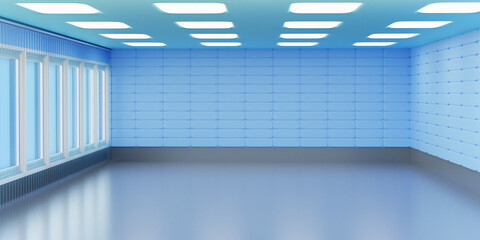 Obraz premium Bright cleanroom interior with padded blue walls, large windows, and ceiling lights, designed for sterile operations or controlled environments – Medicine. Laboratory. 3d image