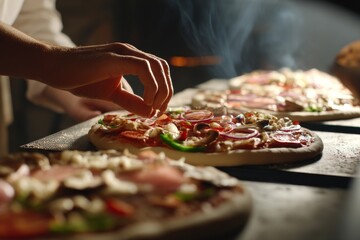 Hands adding toppings to pizzas before oven, close-up, dynamic action