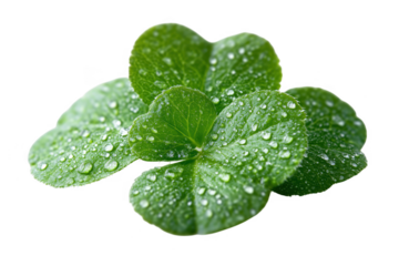 Vibrant Green Four Leaf Clover with Dew Drops on Transparent Background