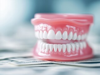 Fototapeta premium Dentures sit on top of money