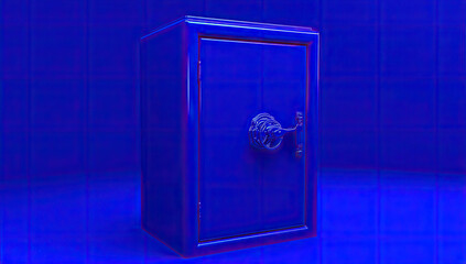 Blue metallic safe with ornate handle, isolated on blue background