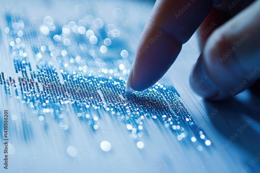 Poster fingertip tracing intricate digital data stream on a screen