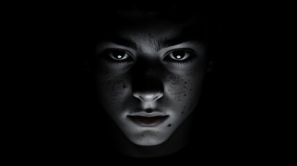 isolated face of a person emerging from pure darkness