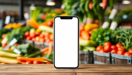 Smartphone on wooden table, blank white screen, grocery store background, colorful produce display, fresh vegetables and fruits, blurred supermarket aisle