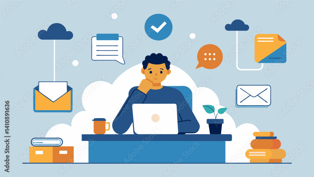 Poster a person sitting at a desk surrounded by tered papers and devices with a thought bubble that reads h