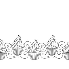 Cupcake Border: Hand-Drawn Black and White Dessert Pattern