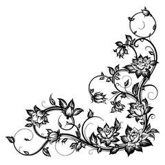 Elegant Corner Floral Ornament, Black and White Vector Design