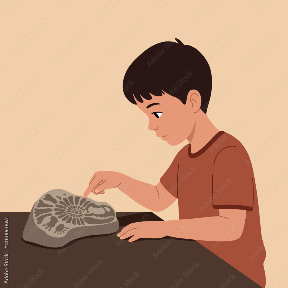 Aufkleber young boy examining gray fossilized shell on table in minimal flat design vector illustration with c