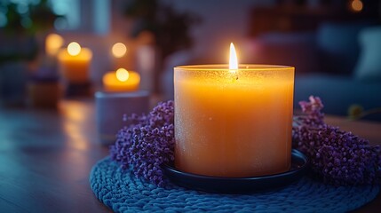 Serene Evening Still Life With Burning Candle And Lavender Photo