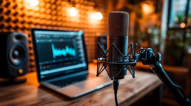 Professional microphone recording audio in home studio