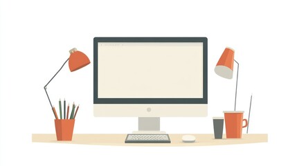 Modern Workspace Setup with Computer Desk Lamps and Office Supplies