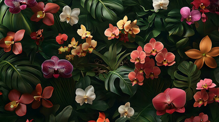 Tropical orchid blossoms and lush foliage in a vibrant floral display.