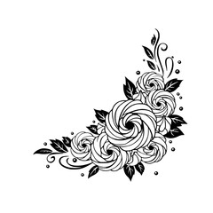 Elegant Floral Corner Design: Monochrome Roses and Leaves