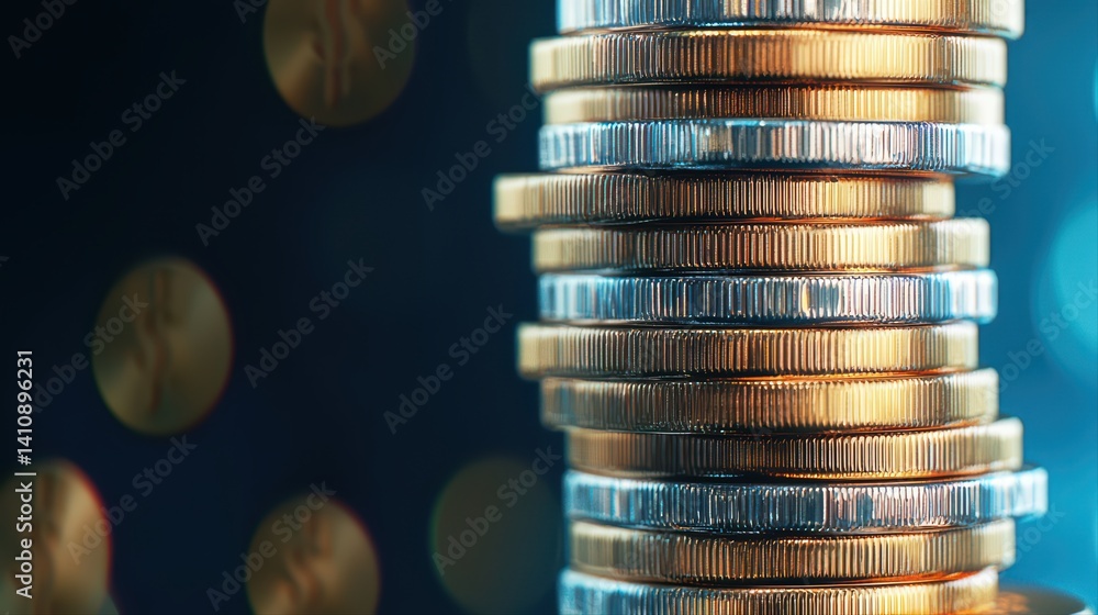 Poster stacked coins with bokeh background in soft lighting