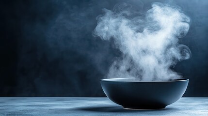 Steam rising from black bowl on a dark background