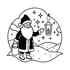 Silhouette of Santa Holding Lantern in Snowy Night