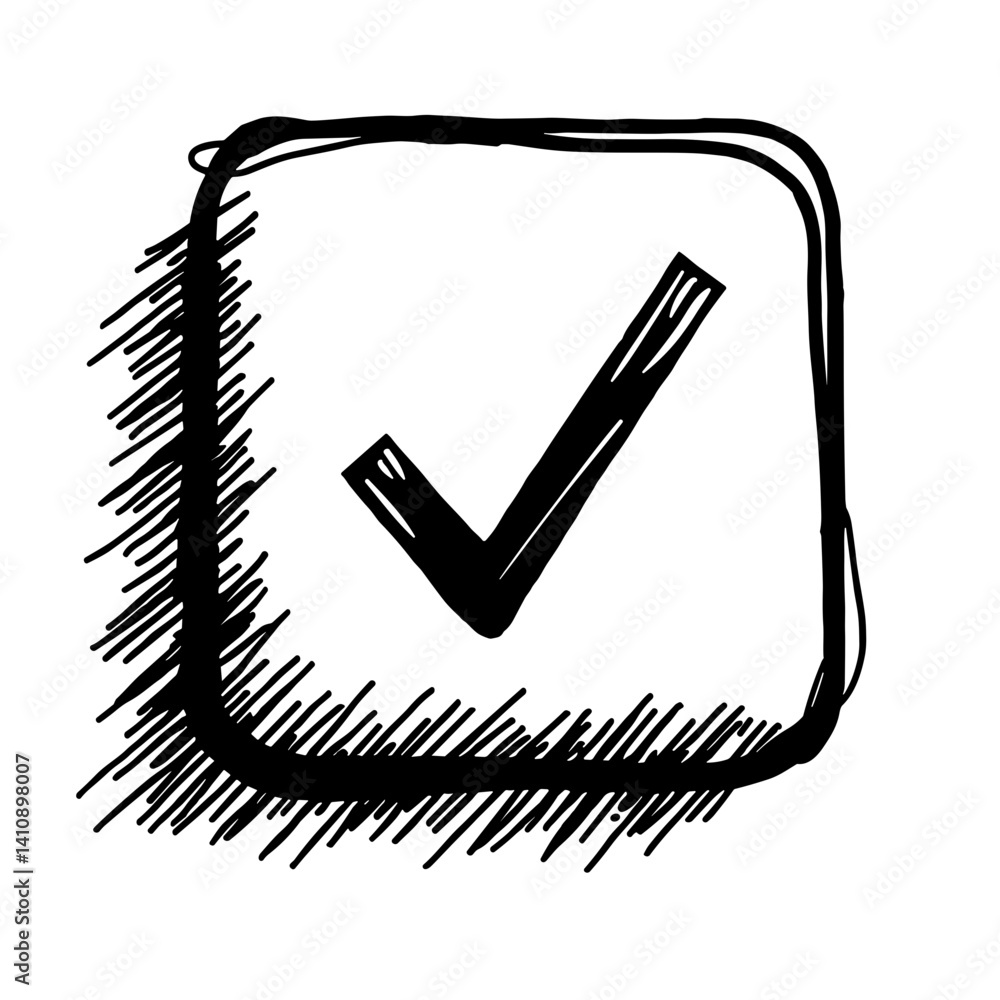 Poster hand-drawn checkmark in a square box representing confirmation success or task completion - concept 