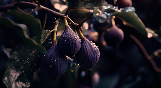 Um cacho de figos roxos pendurados em um galho de &aacute;rvore, cobertos de umidade,